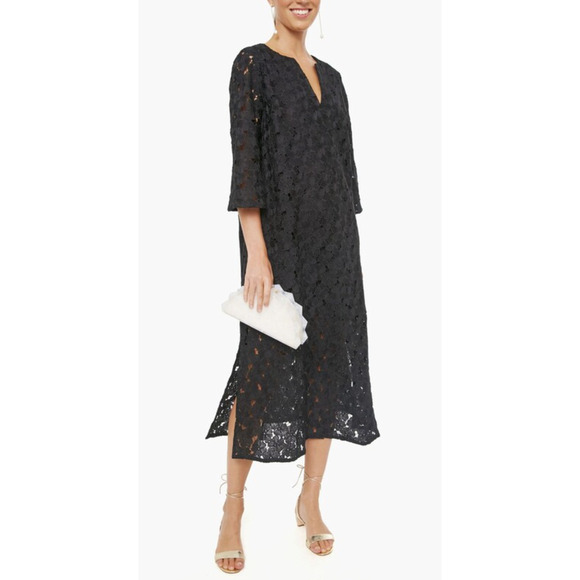 Tuckernuck Black V-Neck Floral Lace Eyelet Jamie Midi Kaftan Shift Dress XS - Picture 1 of 15